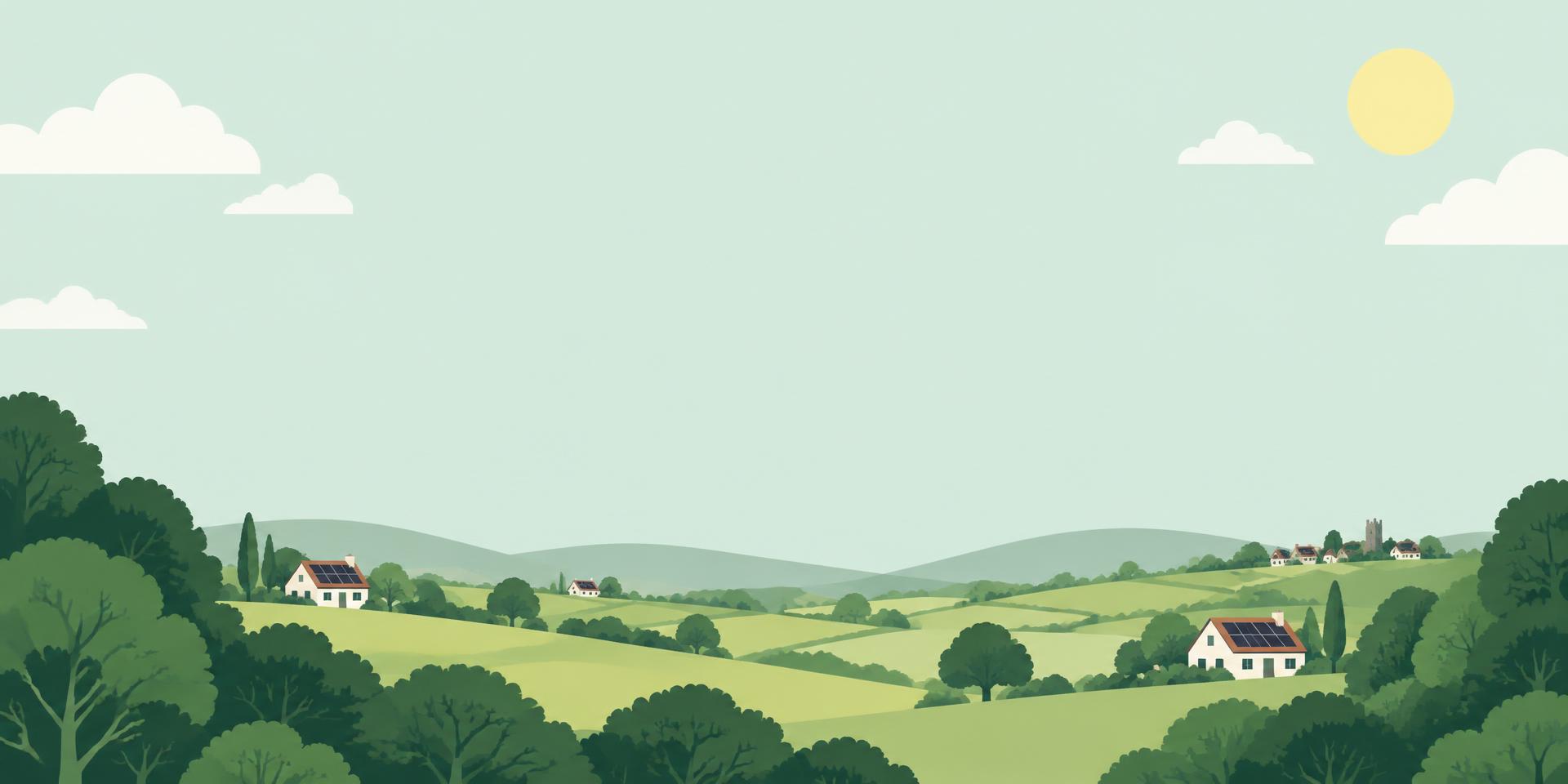 An illustrated green countryside with solar-powered homes