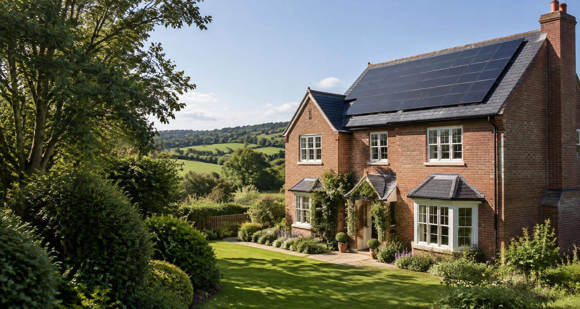 A brick home with roof-mounted solar panels